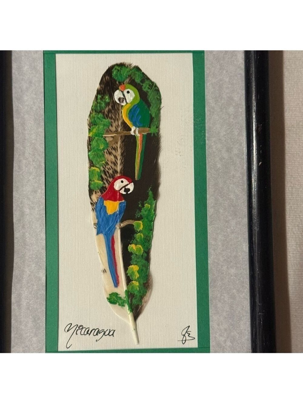 Parrots Art Painting on Feather Artwork Framed Nicaragua Blue Green Colorful Art - Picture 2 of 12